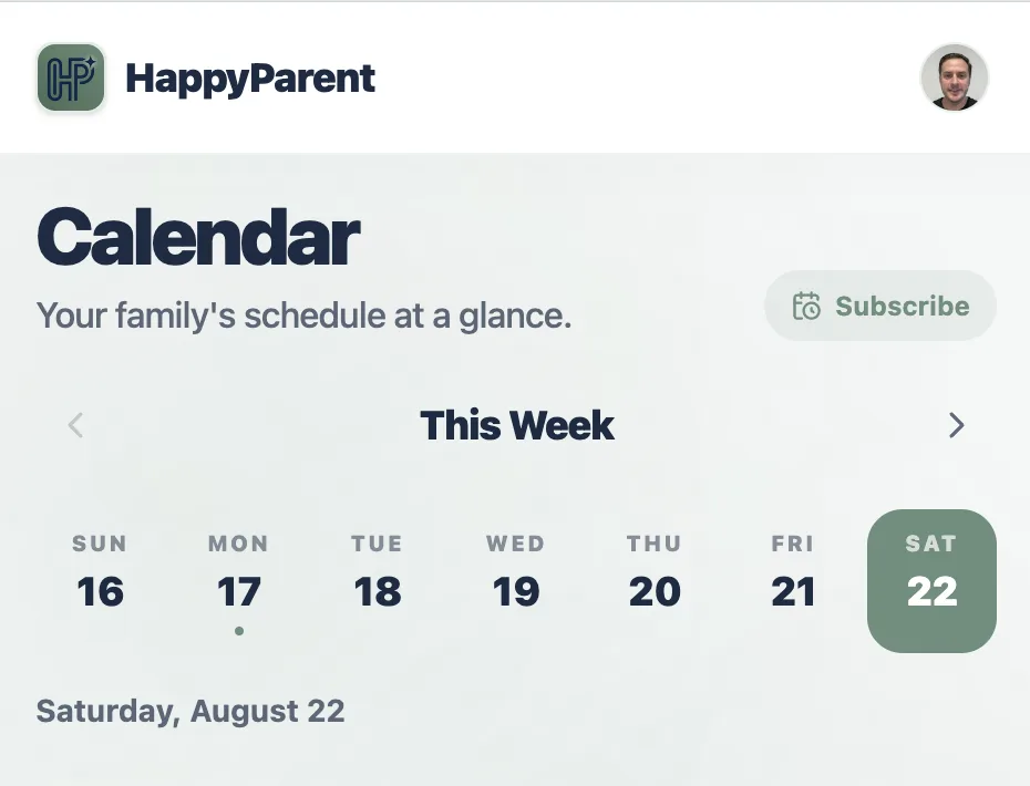 The HappyParent HQ Calendar page with the Subscribe button in the top-right corner