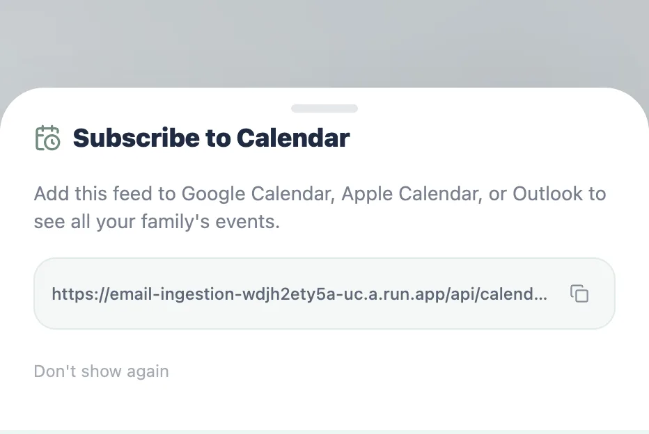 The Subscribe to Calendar panel showing the read-only .ics feed link and a copy button