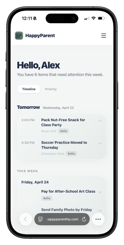 HappyParent HQ Dashboard showing weekly timeline of school events and action items