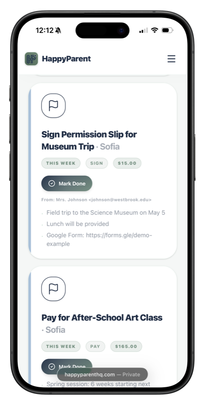AI-extracted digest items with urgency badges and action buttons