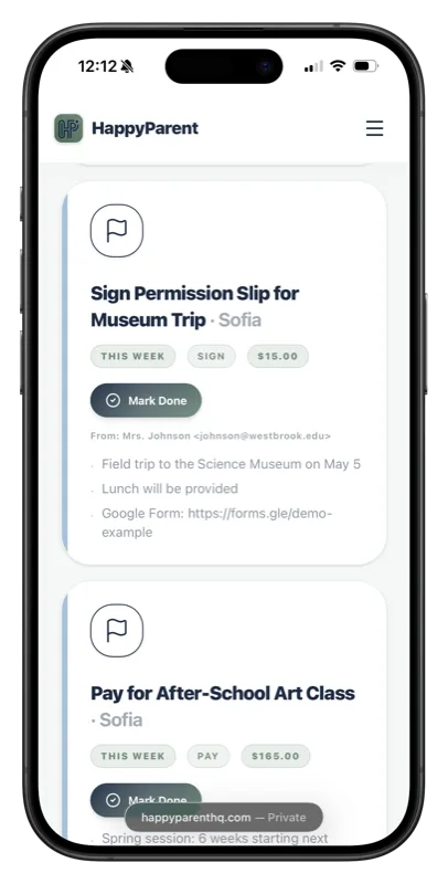 Inbox items with urgency badges and action buttons, extracted automatically