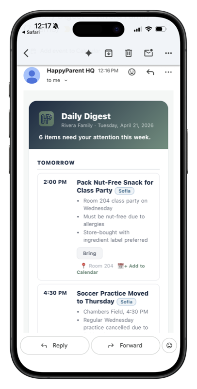 HappyParent HQ Daily Digest Email with prioritized school items