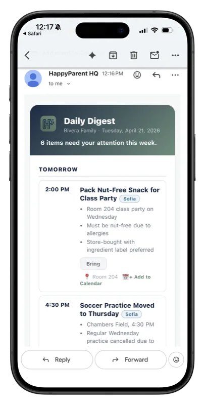 HappyParent HQ Daily Briefing Email with prioritized school items