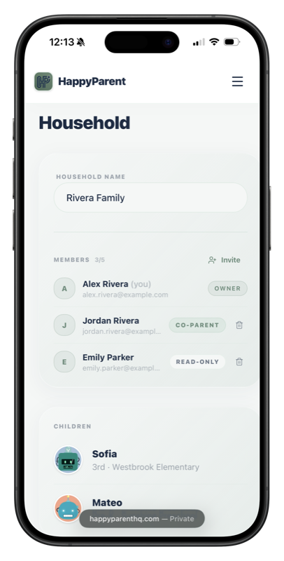 Household members screen showing owner, co-parent, and read-only caregiver