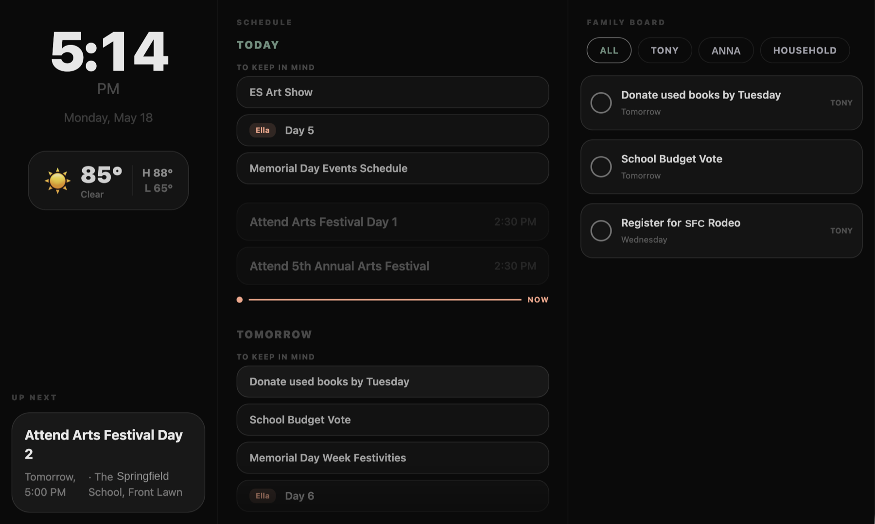 HappyParent HQ kiosk display on a tablet — schedule timeline, weather, and the family to-do board in dark mode